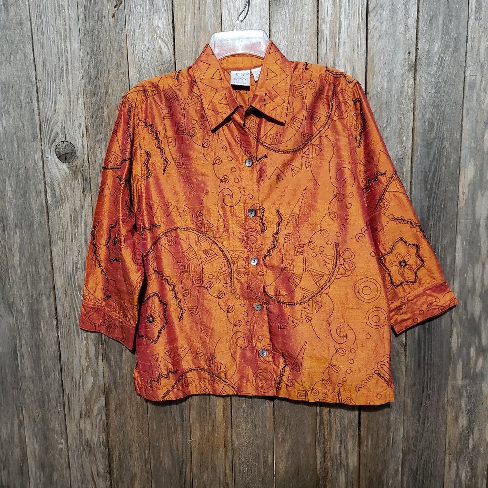 Bleu Bayou S Silk Top Blouse Orange 3/4 Sleeve Button Front Womens Beaded Floral